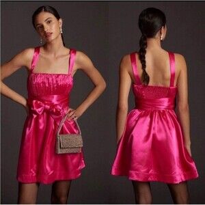 Anthropologie Maeve Hot Pink Fuchsia Satin Pleated Smocked Mini Dress Size 6